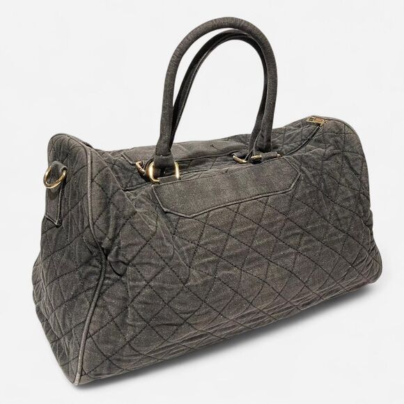 WASHED DENIM QUILTED DUFFLE WEEKENDER BAG BLACK - Picture 1 of 1